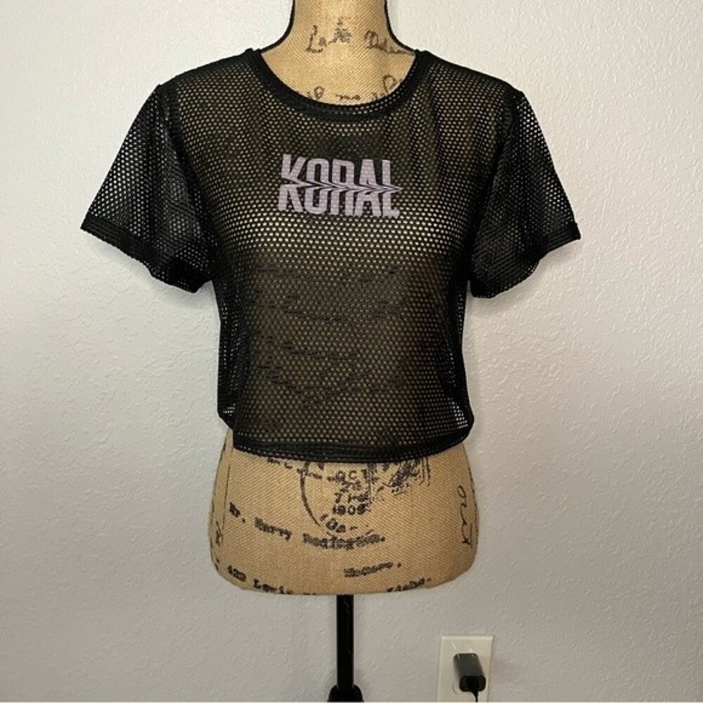 Koral Womens size S Black Terrain Open Mesh Crop Top Logo Active Gym Breathable